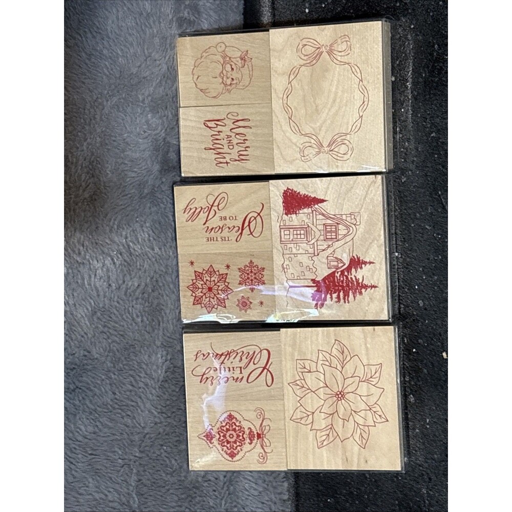 Wooden Rubber Stamps Christmas Lot Of 3 Packs Of 3 New Santa Snowflake Ornament